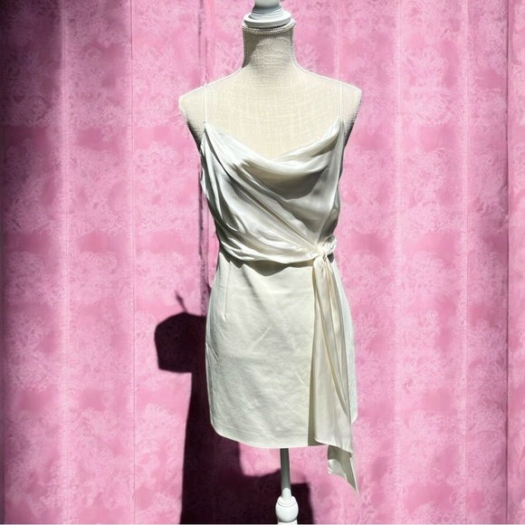 🌻 CINQ À SEPT Cara Ivory Short Draped-tie Satin Silk Combo Mini Dress Size 10 - Picture 6 of 13